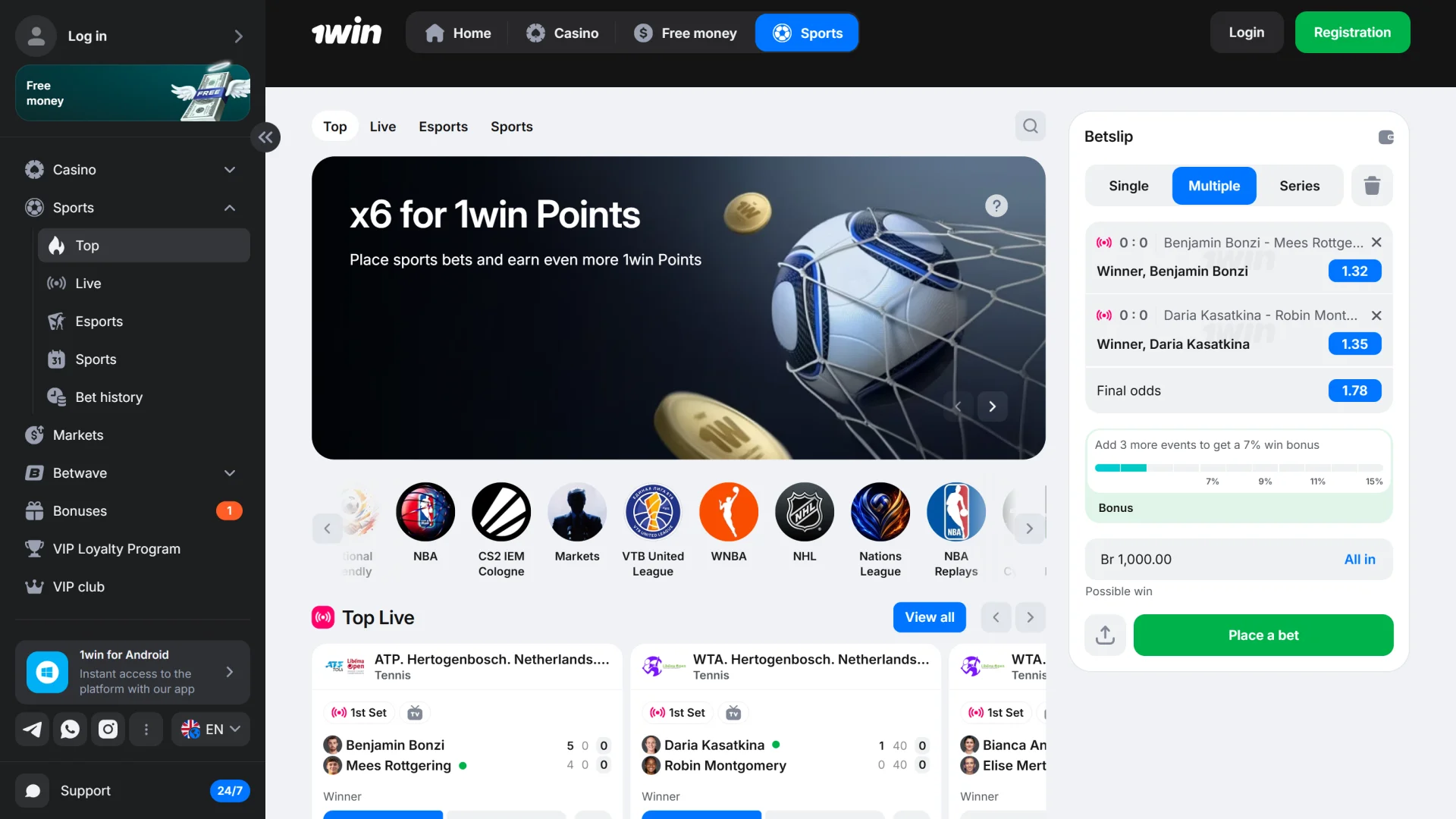 Try betting on sports with 1win website.